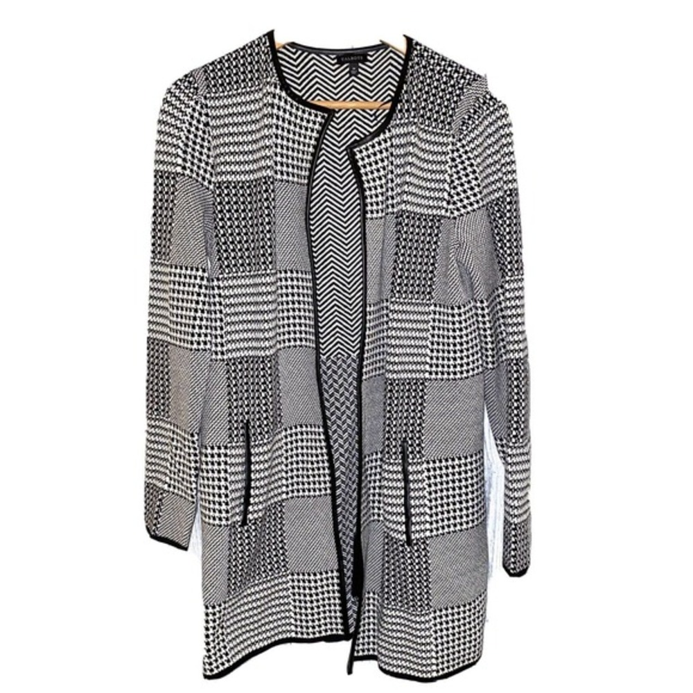 Talbots M Open BLACK WHITE Medium Long Knit Cardigan Jacket Jacquard